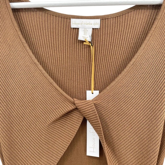 House of Harlow 1960 Long Sleeve Twist Front Ribbed Fitted Midi Dress Size Large - Picture 4 of 12